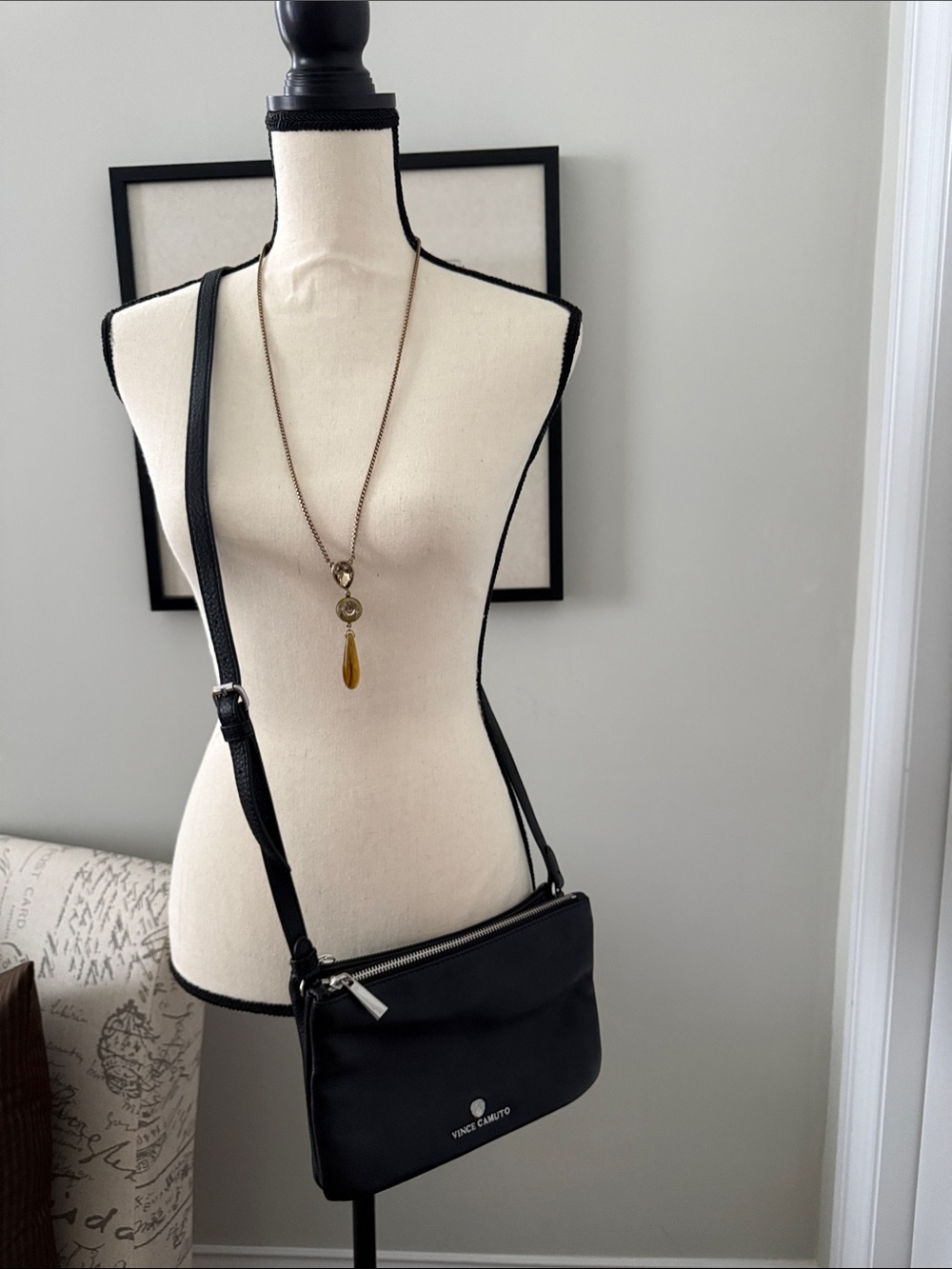 Vince Camuto Black Leather Crossbody Bag with Silver Zip